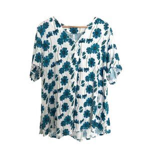 Blue Sky Bailey Floral Shirt Bamboo Linen Short Sleeve Women's 1X
